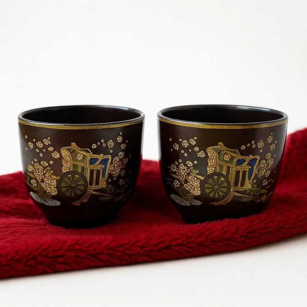 Otagiri Japanese Tea Cups Set of 2 Brown Gold Floral Cart Design Vintage Retro
